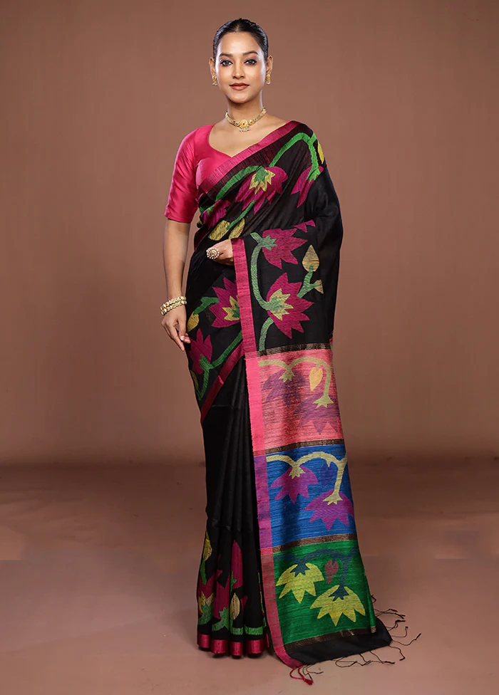 Black Handloom Matka Pure Silk Saree With Blouse Piece - Image 2