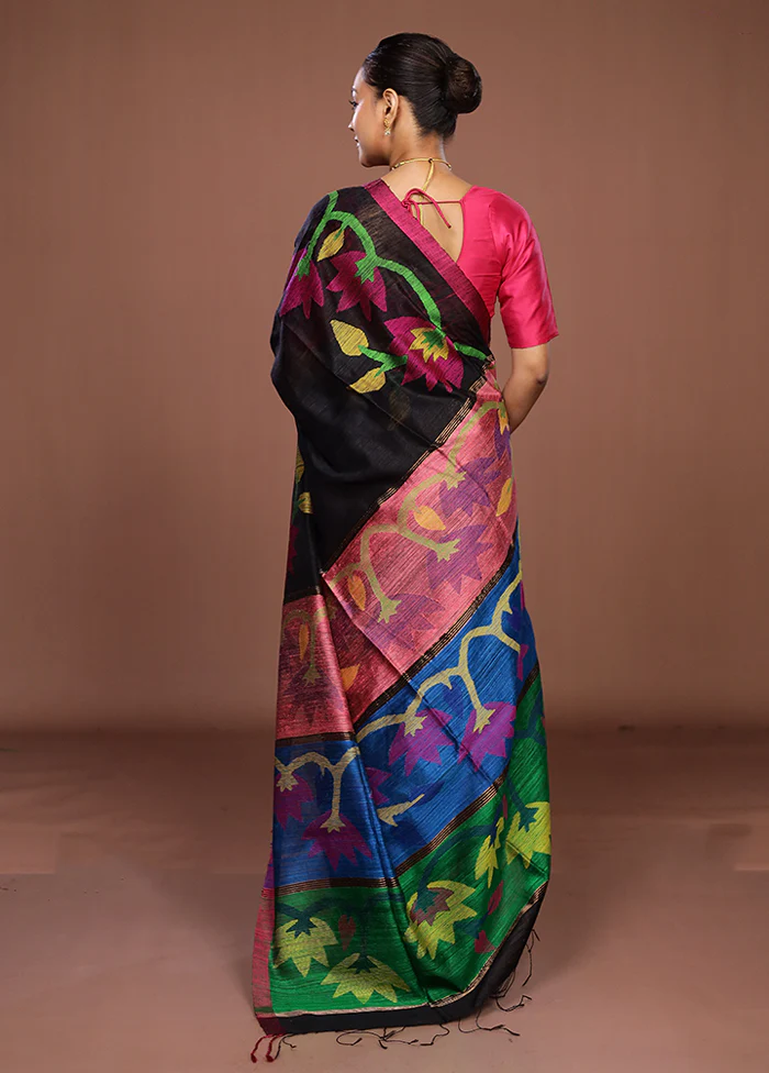 Black Handloom Matka Pure Silk Saree With Blouse Piece - Image 3