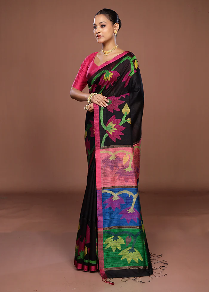 Black Handloom Matka Pure Silk Saree With Blouse Piece - Image 4