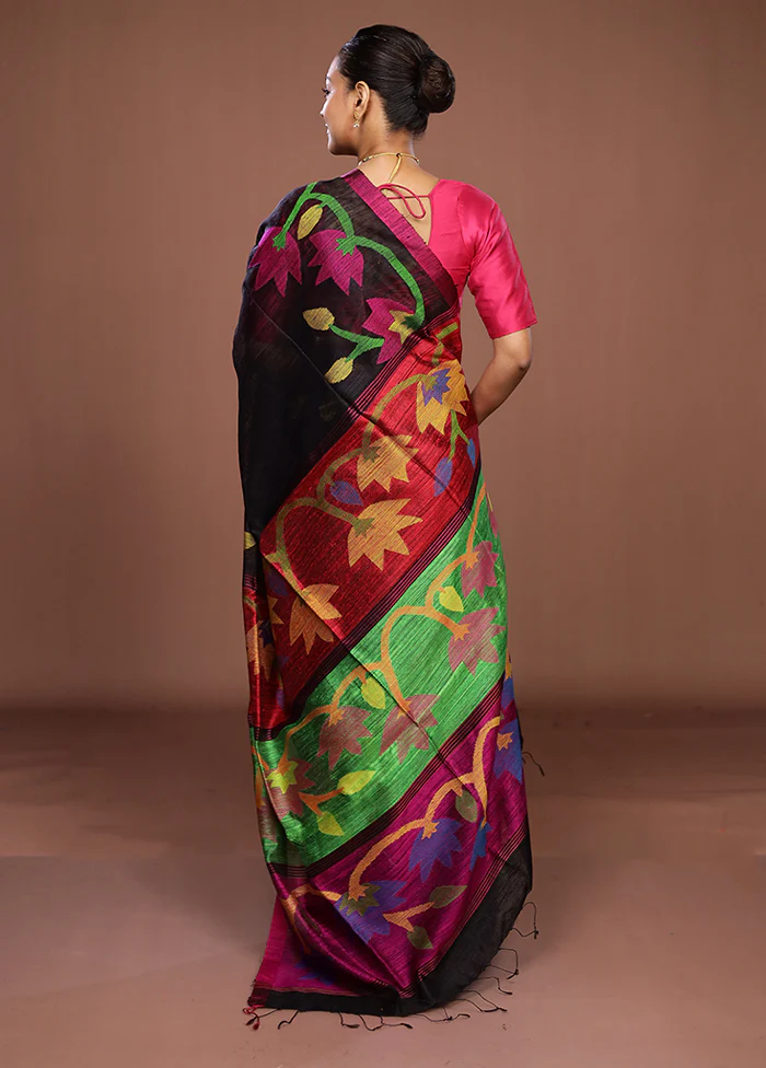 Black Handloom Matka Pure Silk Saree With Blouse Piece - Image 3