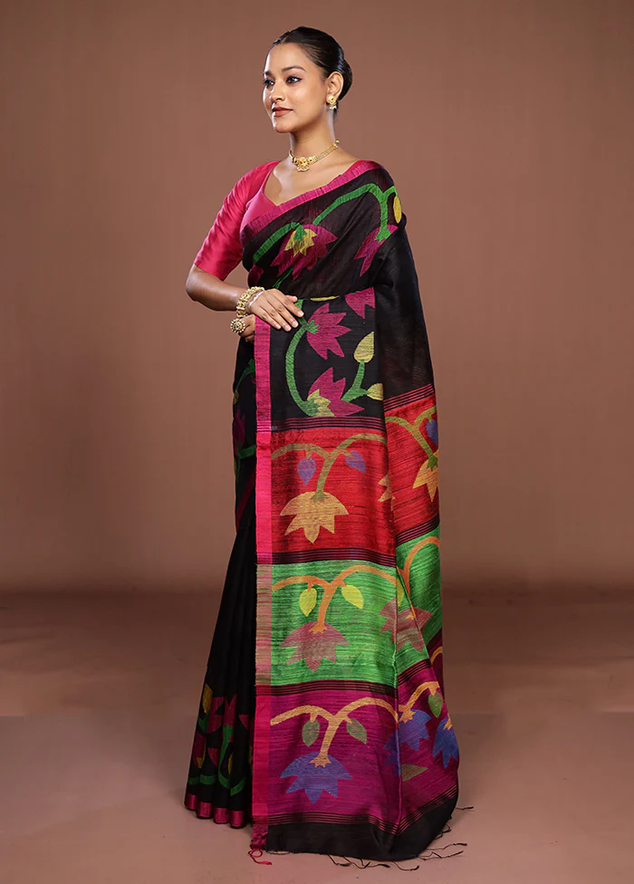 Black Handloom Matka Pure Silk Saree With Blouse Piece - Image 4