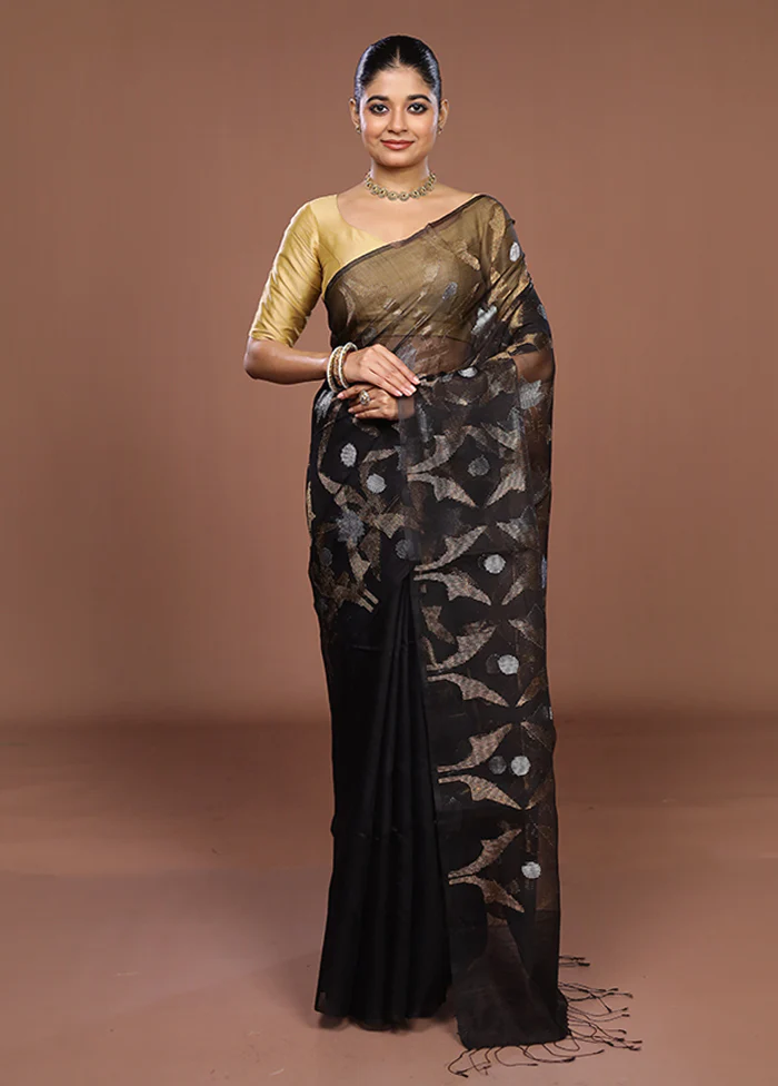 Black Handloom Matka Pure Silk Saree With Blouse Piece - Image 2