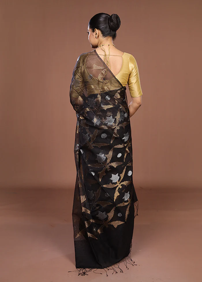 Black Handloom Matka Pure Silk Saree With Blouse Piece - Image 3