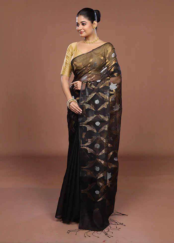 Black Handloom Matka Pure Silk Saree With Blouse Piece - Image 4
