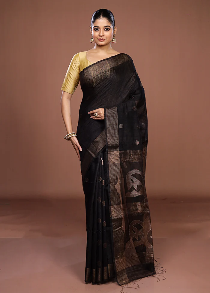 Black Handloom Matka Pure Silk Saree With Blouse Piece - Image 2