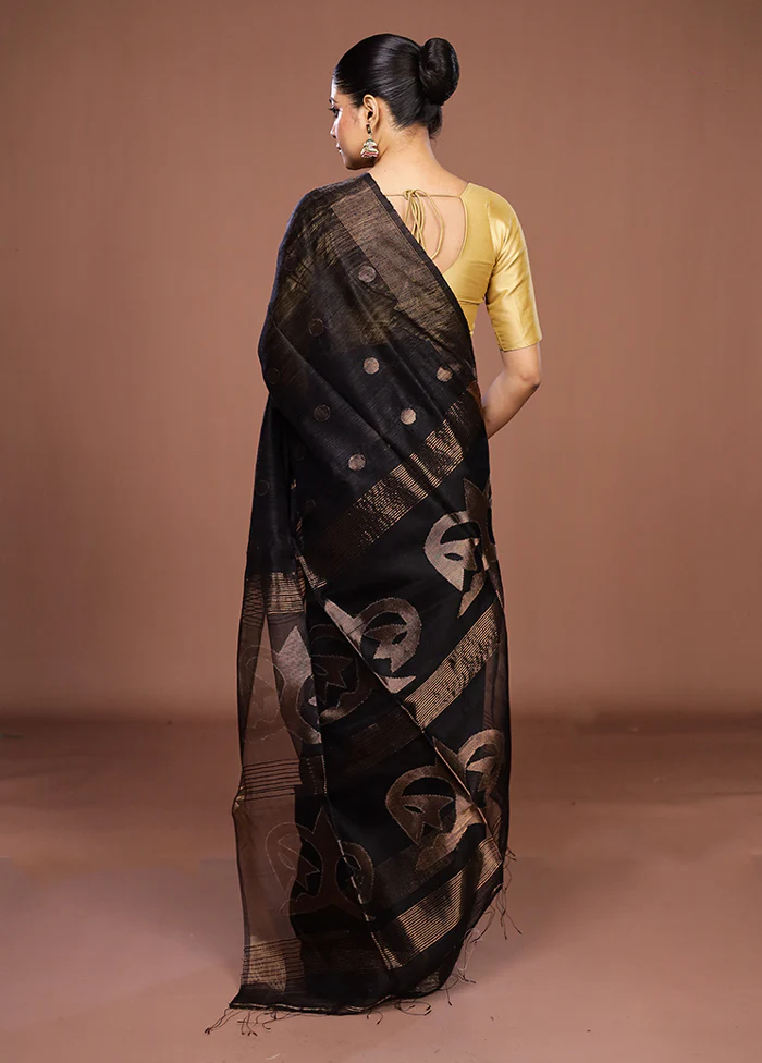 Black Handloom Matka Pure Silk Saree With Blouse Piece - Image 3