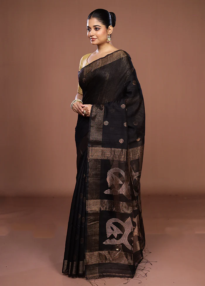 Black Handloom Matka Pure Silk Saree With Blouse Piece - Image 4