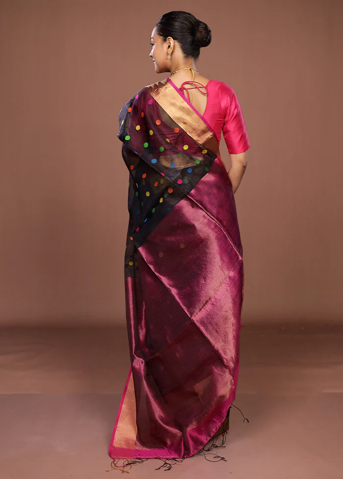 Black Handloom Matka Pure Silk Saree With Blouse Piece - Image 3