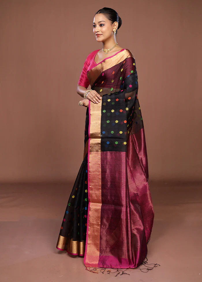Black Handloom Matka Pure Silk Saree With Blouse Piece - Image 4
