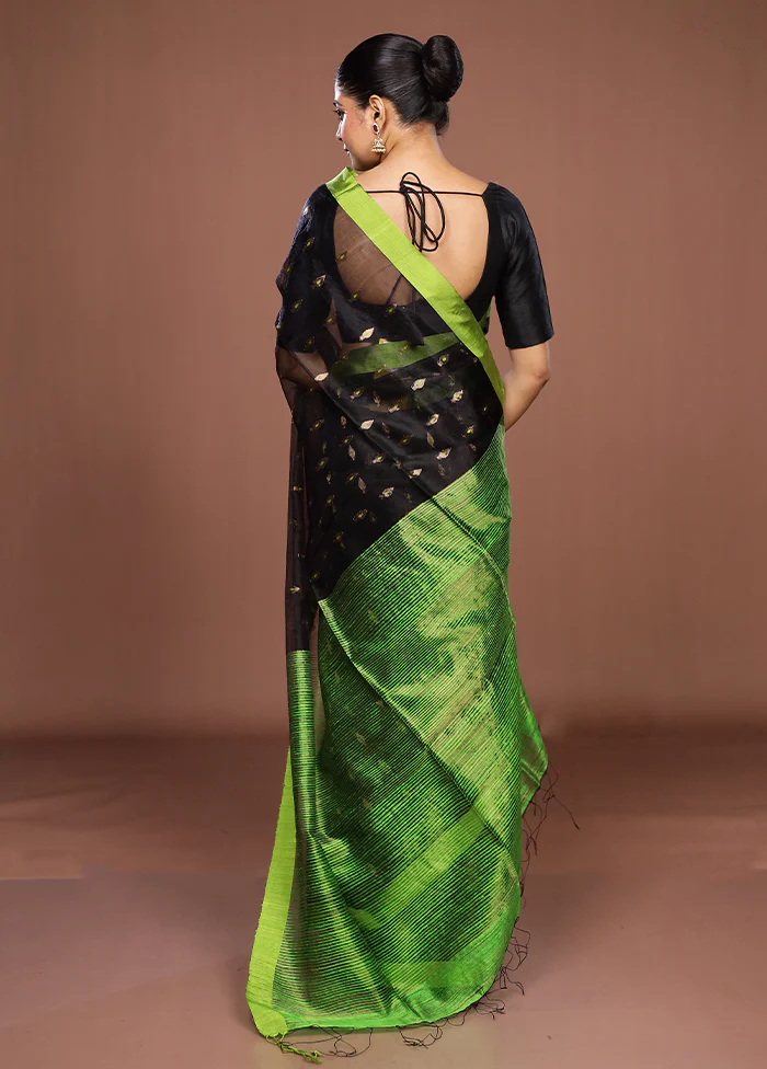 Black Handloom Matka Pure Silk Saree With Blouse Piece - Image 3