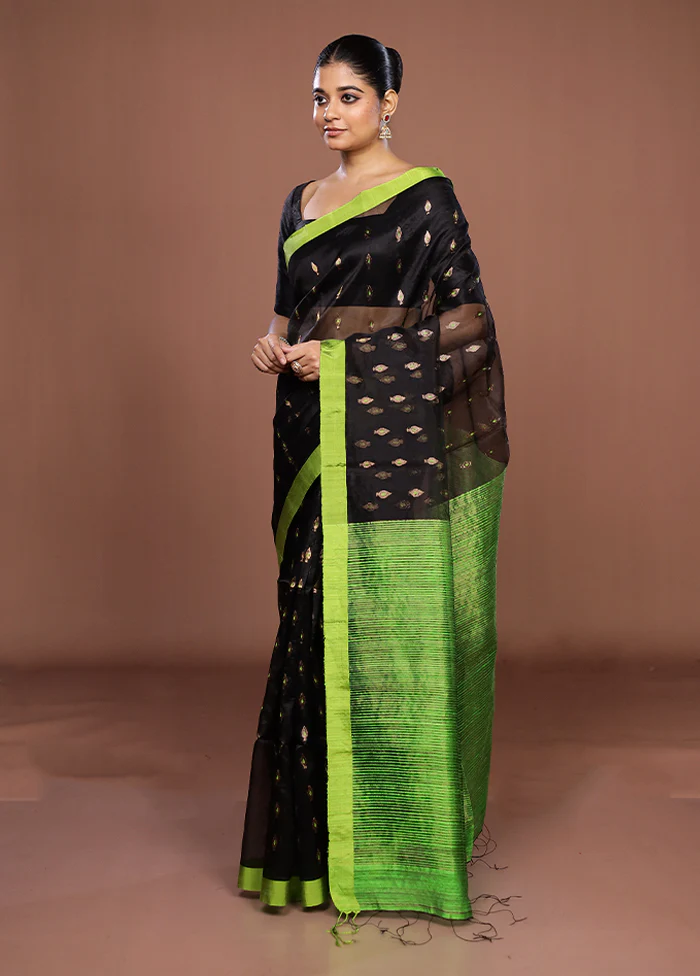 Black Handloom Matka Pure Silk Saree With Blouse Piece - Image 4