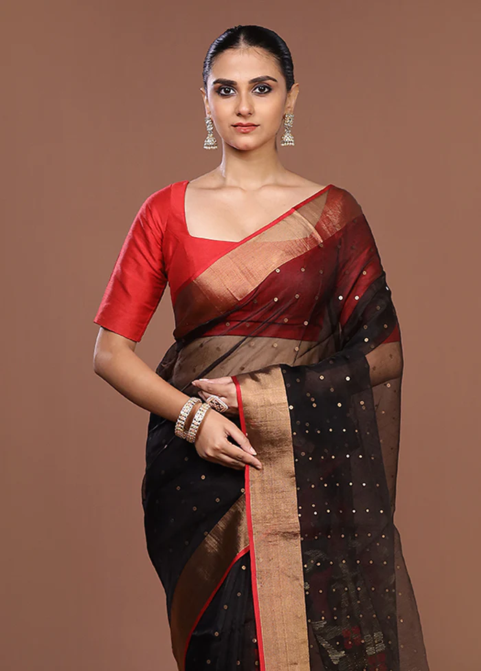 Black Handloom Matka Pure Silk Saree With Blouse Piece