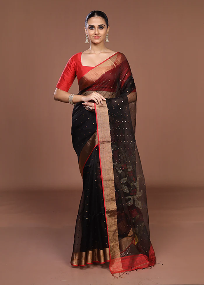 Black Handloom Matka Pure Silk Saree With Blouse Piece - Image 2