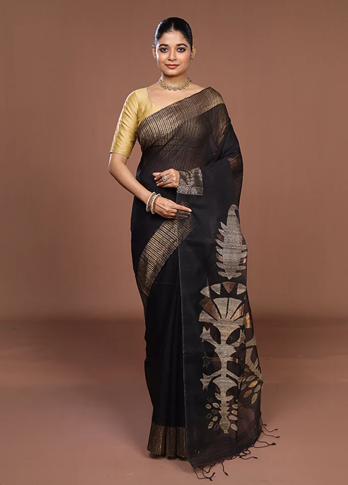 Black Handloom Matka Pure Silk Saree With Blouse Piece - Image 2