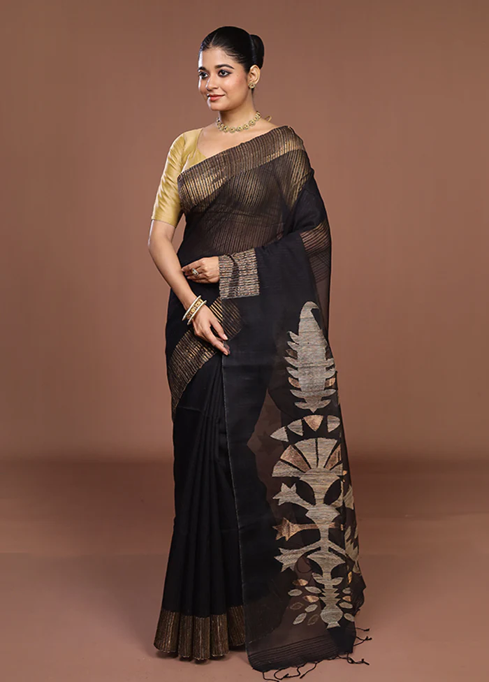 Black Handloom Matka Pure Silk Saree With Blouse Piece - Image 4