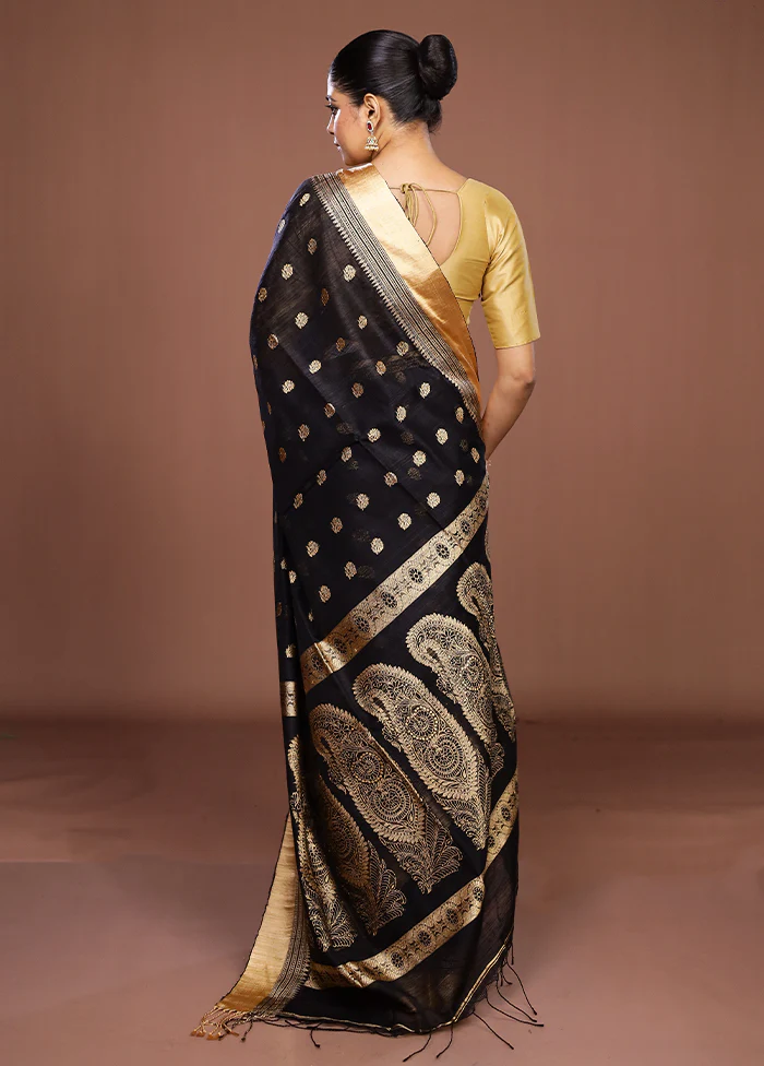 Black Handloom Matka Pure Silk Saree With Blouse Piece - Image 3