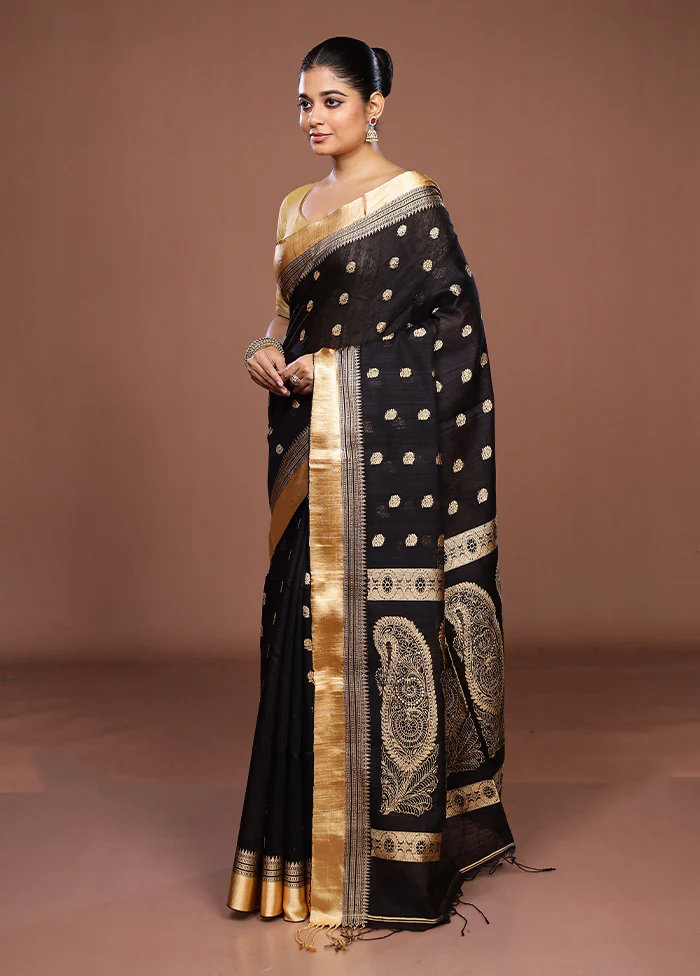 Black Handloom Matka Pure Silk Saree With Blouse Piece - Image 4