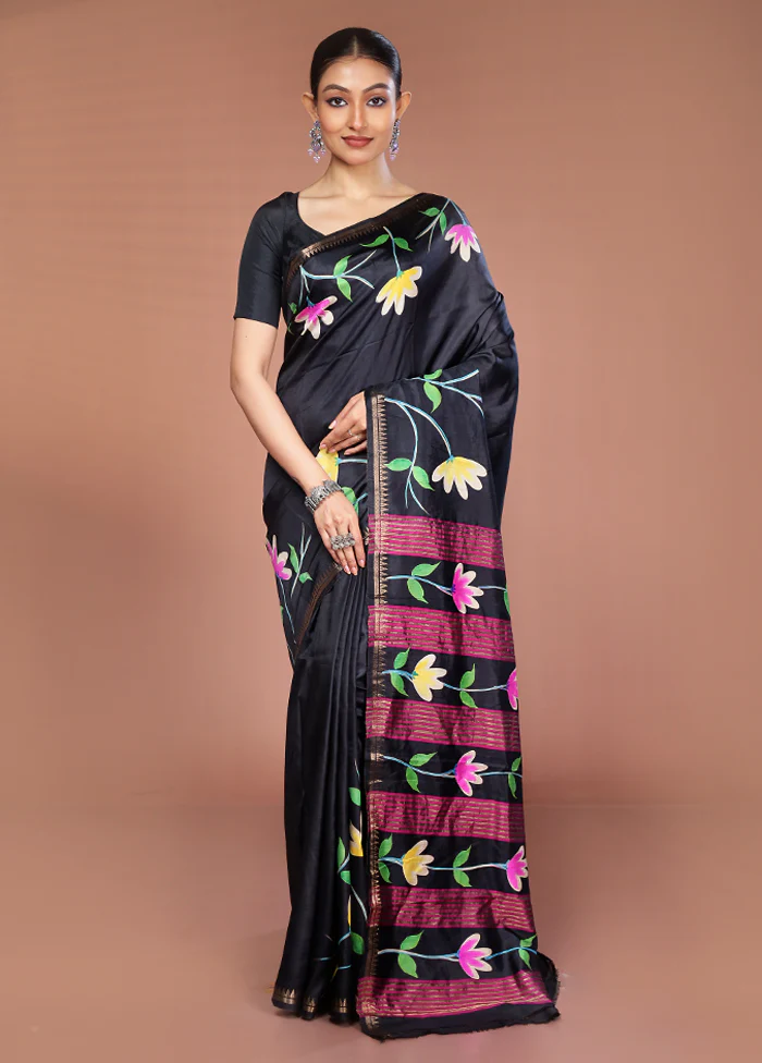 Black Handloom Printed Pure Silk Saree Without Blouse Piece - Image 2