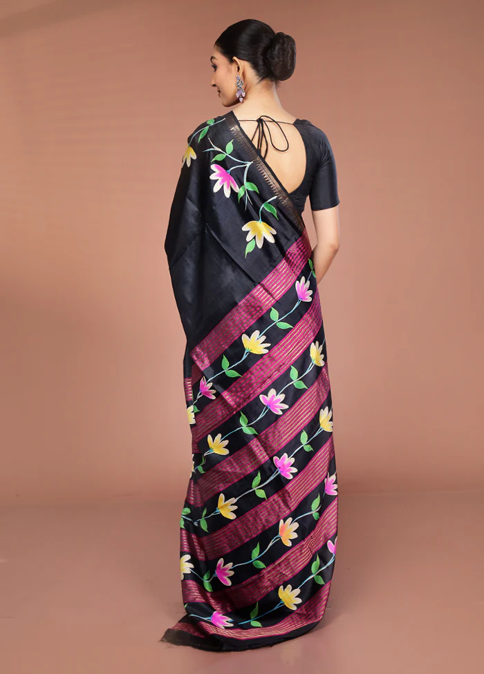 Black Handloom Printed Pure Silk Saree Without Blouse Piece - Image 3