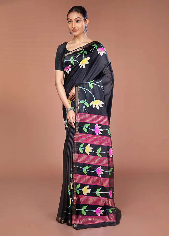 Black Handloom Printed Pure Silk Saree Without Blouse Piece - Image 4