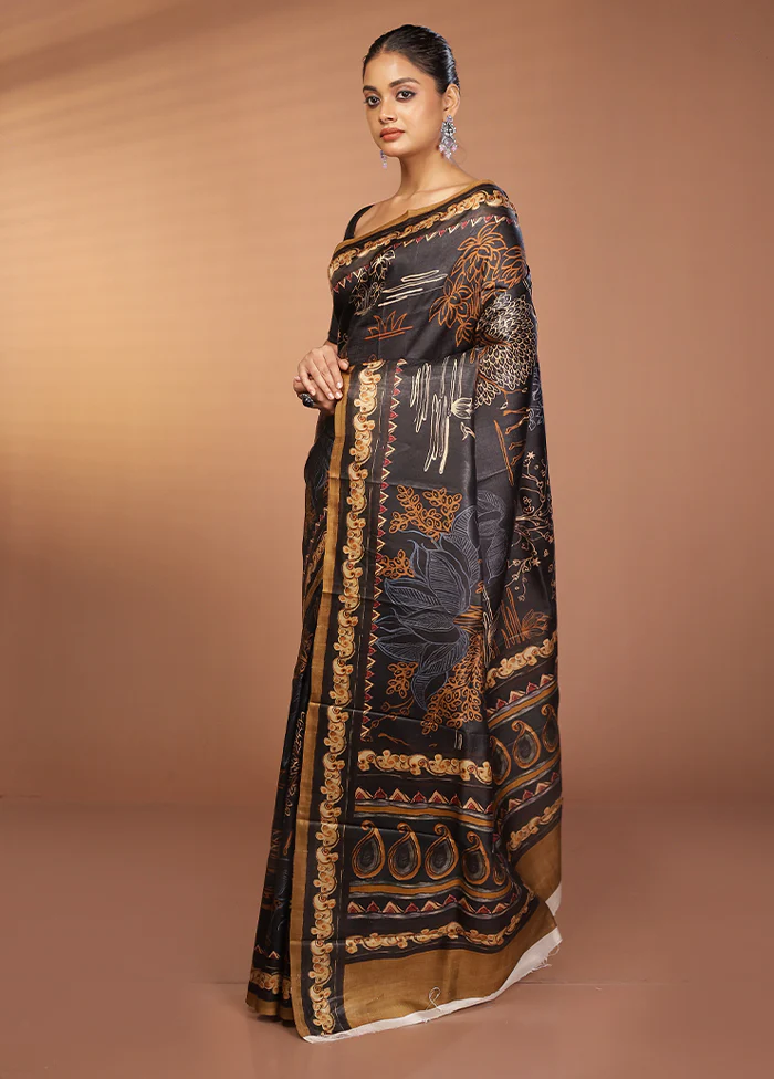 Black Handloom Printed Pure Silk Saree Without Blouse Piece - Image 4
