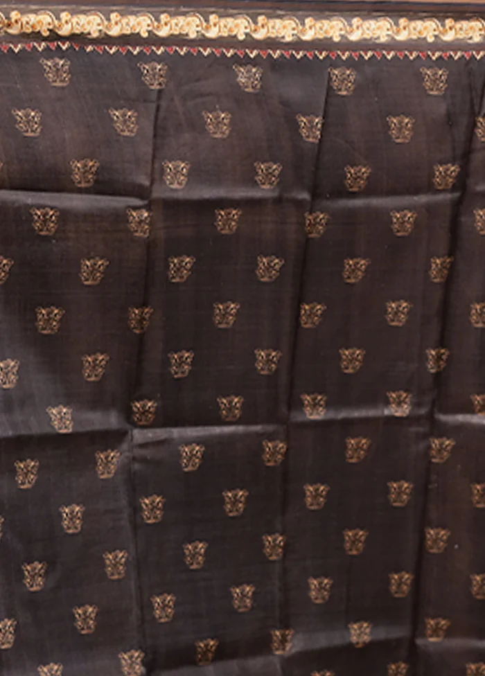 Black Handloom Printed Pure Silk Saree Without Blouse Piece - Image 5