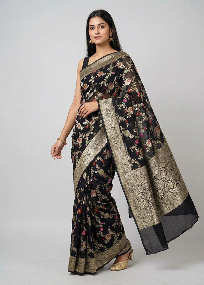 Black Handloom Pure Georgette Saree With Blouse Piece