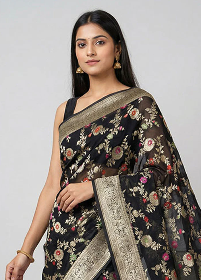 Black Handloom Pure Georgette Saree With Blouse Piece - Image 2