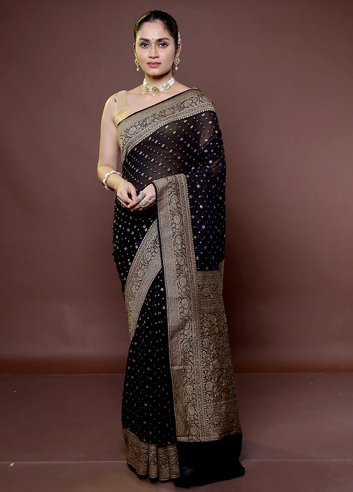 Black Handloom Pure Georgette Saree With Blouse Piece - Image 2