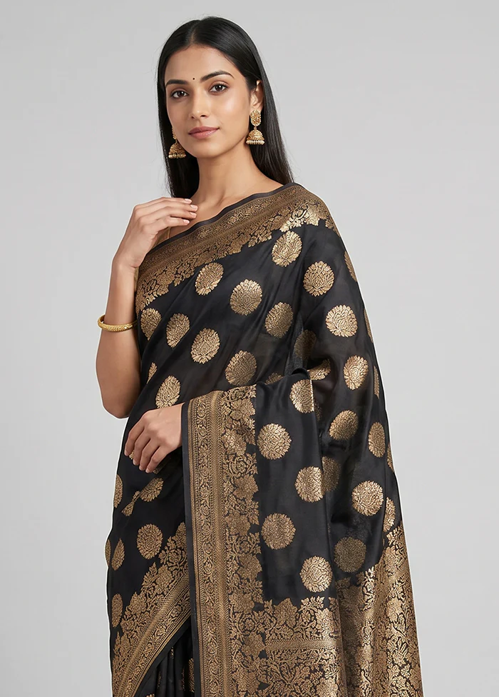 Black Handloom Pure Georgette Saree With Blouse Piece - Image 2