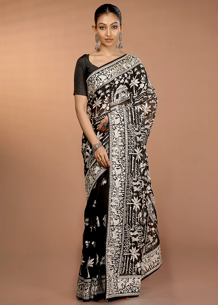 Black Handloom Pure Georgette Saree With Blouse Piece - Image 2