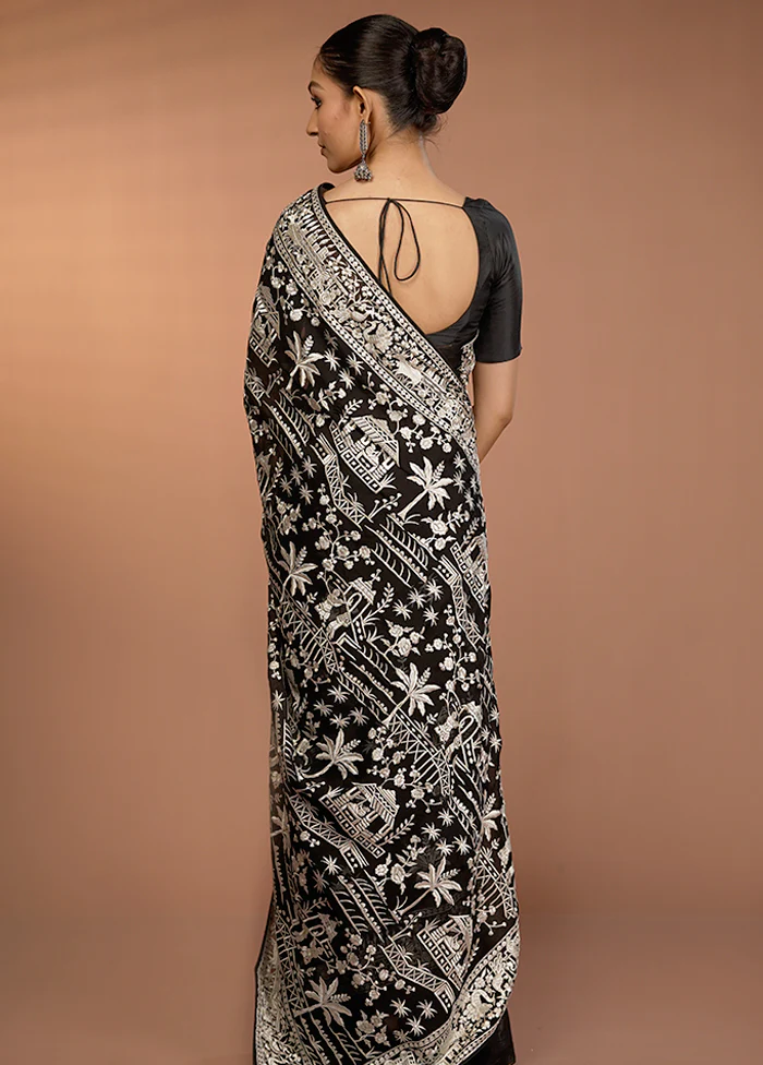 Black Handloom Pure Georgette Saree With Blouse Piece - Image 3