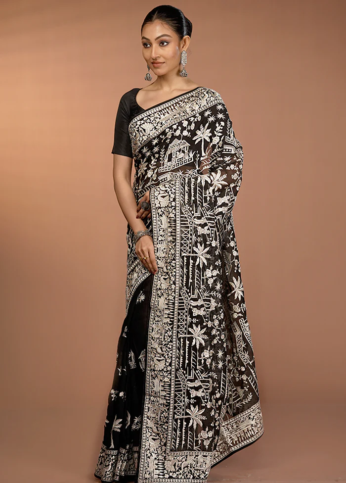 Black Handloom Pure Georgette Saree With Blouse Piece - Image 4