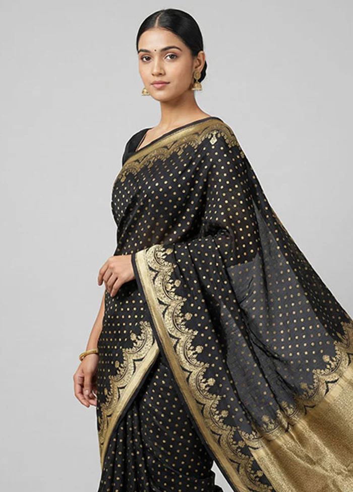 Black Handloom Pure Georgette Saree With Blouse Piece - Image 2