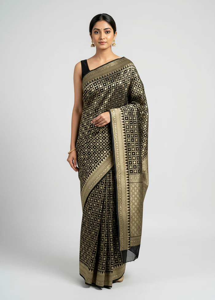 Black Handloom Pure Georgette Saree With Blouse Piece