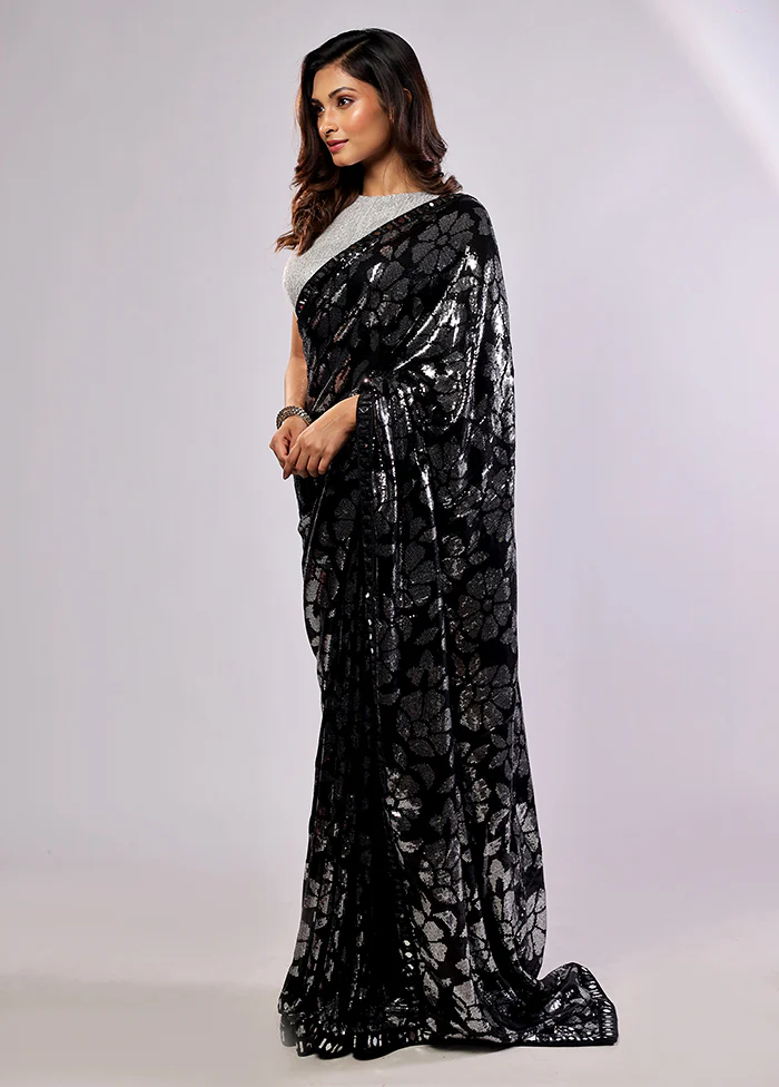 Black Handloom Pure Georgette Saree With Blouse Piece - Image 3