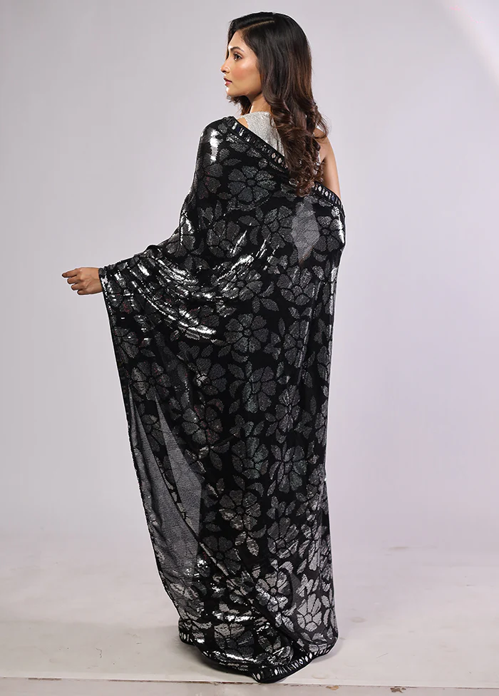 Black Handloom Pure Georgette Saree With Blouse Piece - Image 4