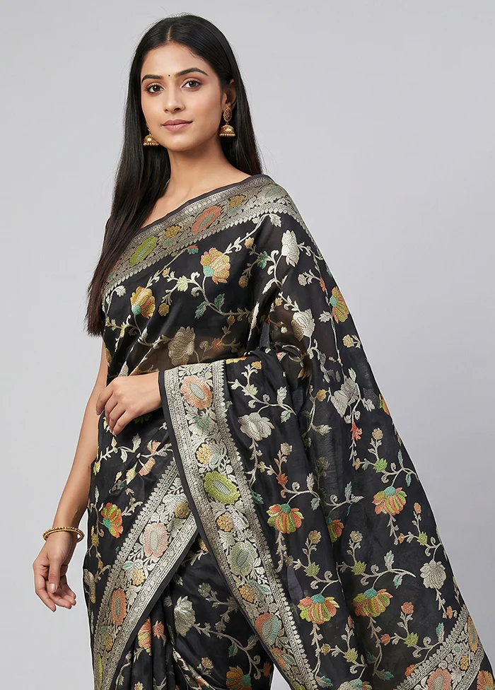 Black Handloom Pure Georgette Saree With Blouse Piece - Image 2