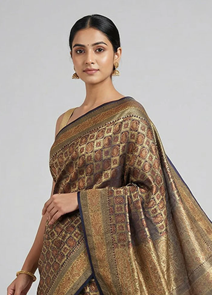 Black Handloom Tanchoi Pure Silk Saree With Blouse Piece - Image 2