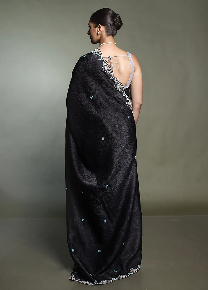 Black Pure Handloom Crushed Tissue Silk Saree With Blouse Piece - Image 3