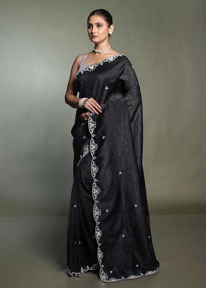 Black Pure Handloom Crushed Tissue Silk Saree With Blouse Piece - Image 4