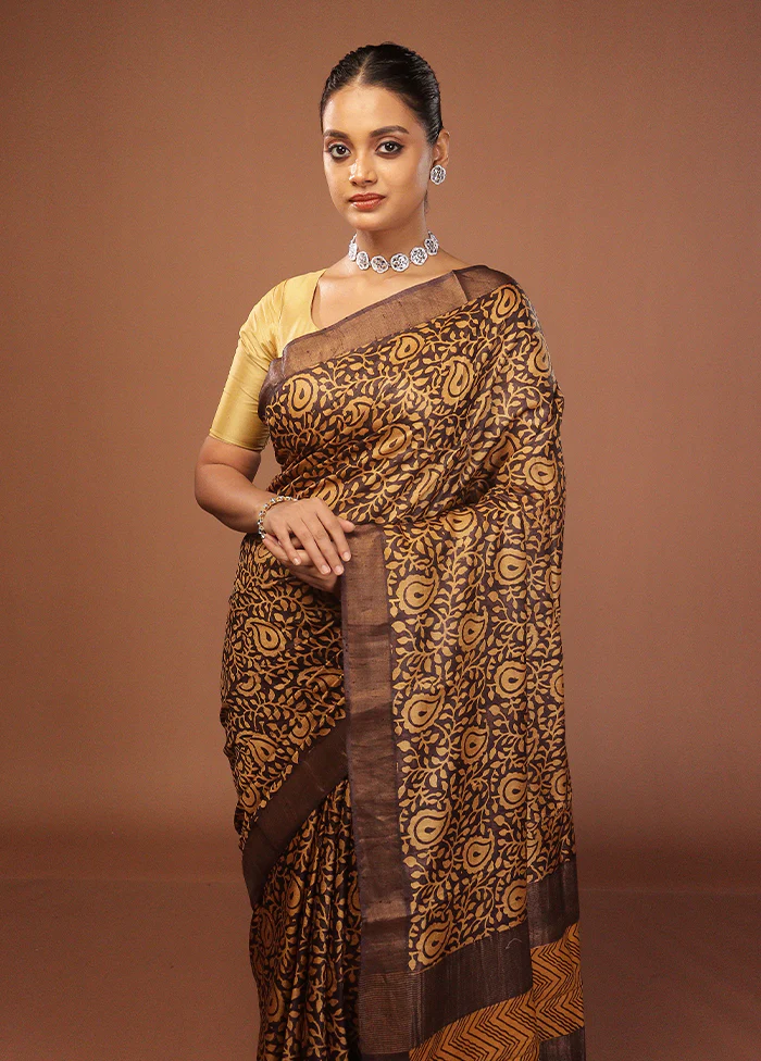 Black Handloom Tussar Pure Silk Saree With Blouse Piece