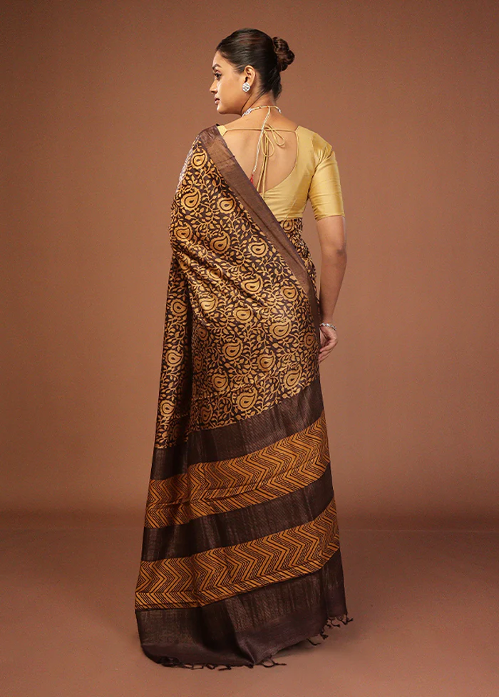 Black Handloom Tussar Pure Silk Saree With Blouse Piece - Image 3