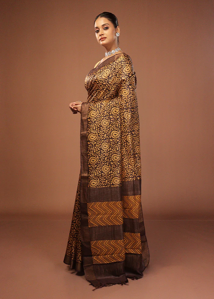 Black Handloom Tussar Pure Silk Saree With Blouse Piece - Image 4