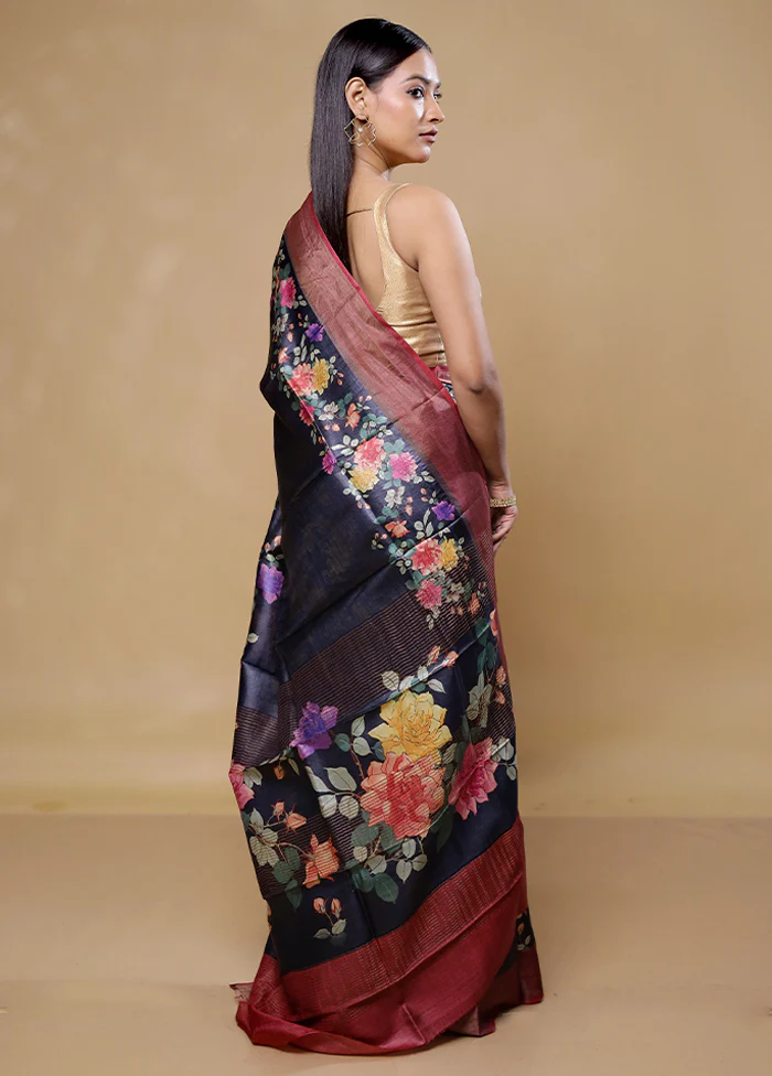 Black Handloom Tussar Pure Silk Saree With Blouse Piece - Image 3