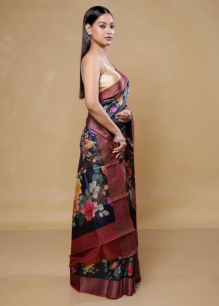 Black Handloom Tussar Pure Silk Saree With Blouse Piece - Image 4