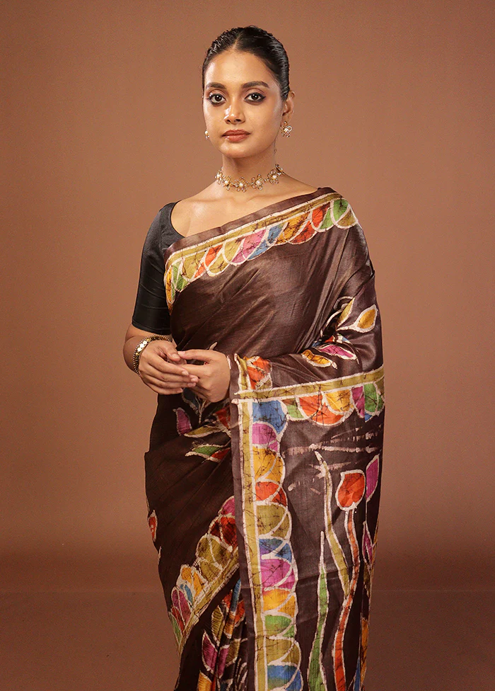 Brown Handloom Tussar Pure Silk Saree With Blouse Piece