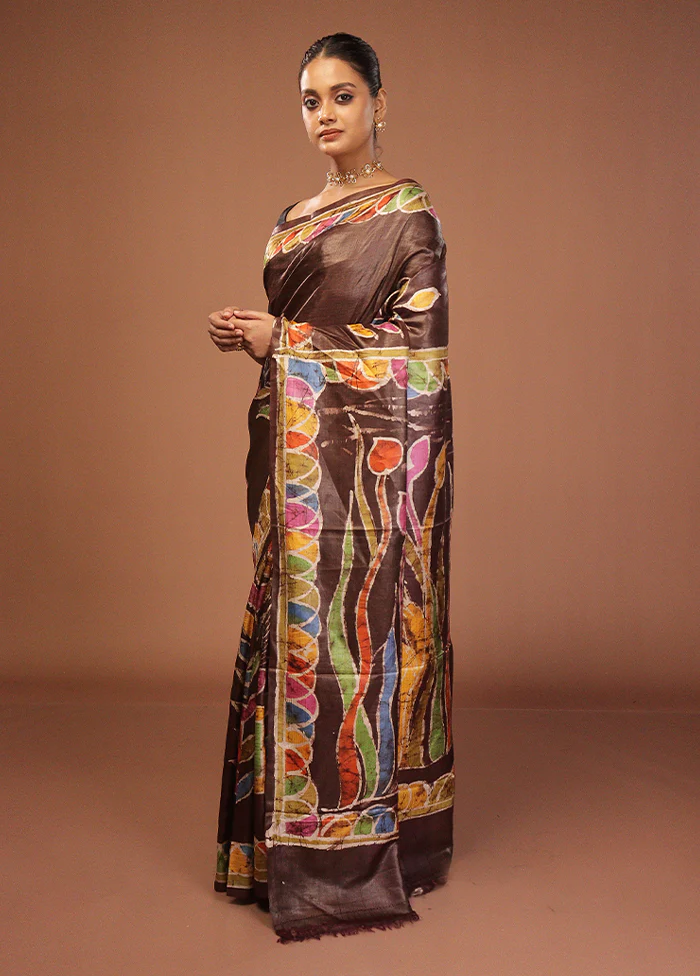 Brown Handloom Tussar Pure Silk Saree With Blouse Piece - Image 4