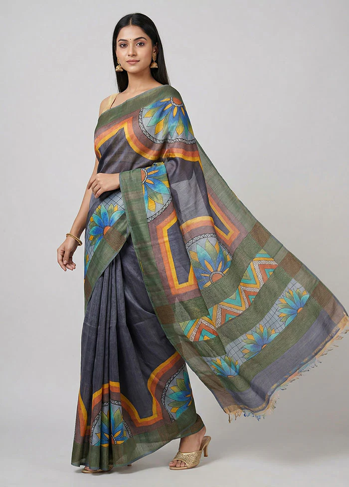 Black Handloom Tussar Pure Silk Saree With Blouse Piece