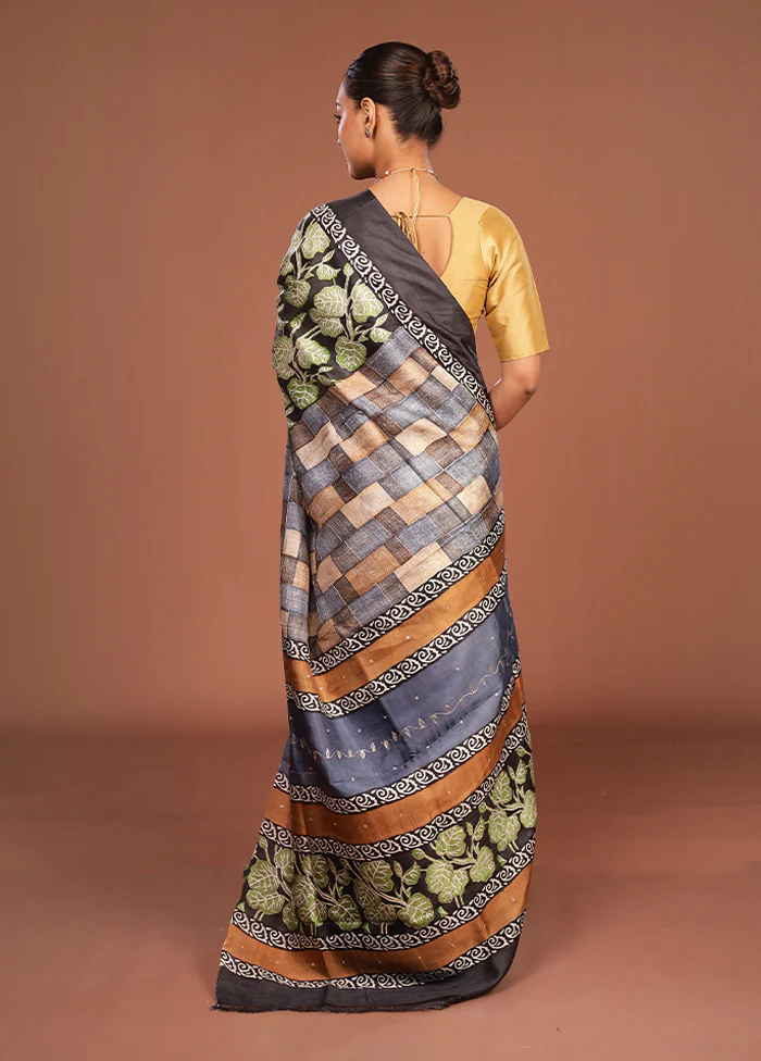Black Handloom Tussar Pure Silk Saree With Blouse Piece - Image 3